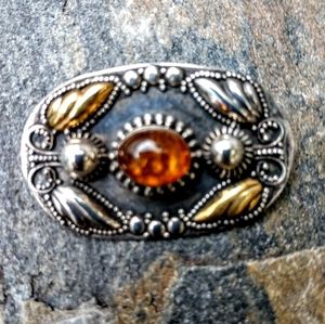 Vintage Silver and Brass Brooch with Amber Accent